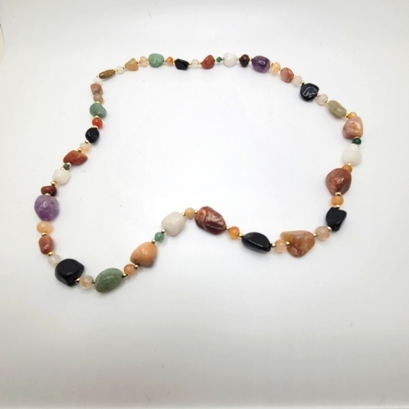 Vintage Multistone Beaded Necklace Polished Stone Pendant Screw Clasp - Picture 1 of 4